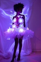 Fashion Photography. Lilac style neon lighting dress. Afro (Black) Woman