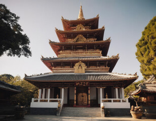 Obraz premium Un monastero tibetano con monaci che passeggiano nei giardini. 