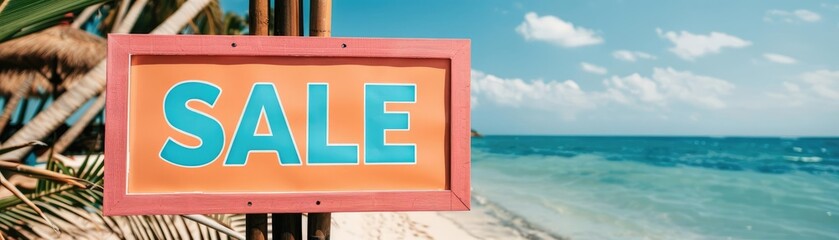 Obraz premium Beach-themed sale sign with bright colors and tropical elements, displayed on a surf shop by the ocean