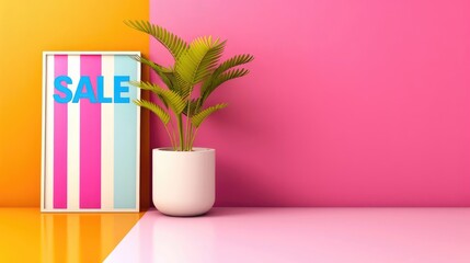 Abstract sale sign with dynamic shapes and vibrant colors, designed in a modern art gallery style