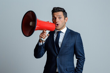 Surprised businessman holding a megaphone and making an important announcement