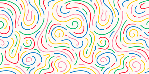 Fototapeta premium Colorful line doodle seamless pattern. Creative minimalist style art background, trendy design with basic shapes. Modern abstract color backdrop. 