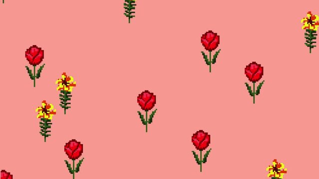 A cute pixel art animation: a repeated pattern of red roses flower, floating towards the upper left angle of the screen, over a pink background.
