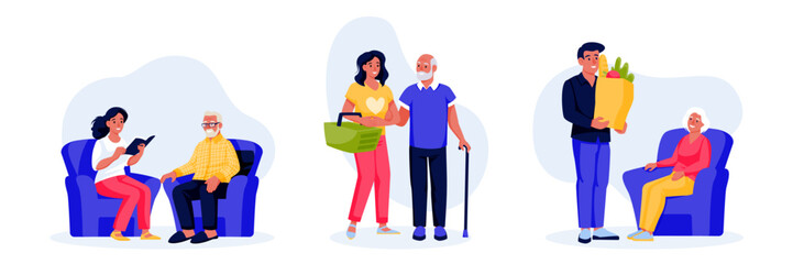 Senior person assistance. Set of vector flat cartoon illustrations. Support and care for elderly people. Social work, volunteering concept