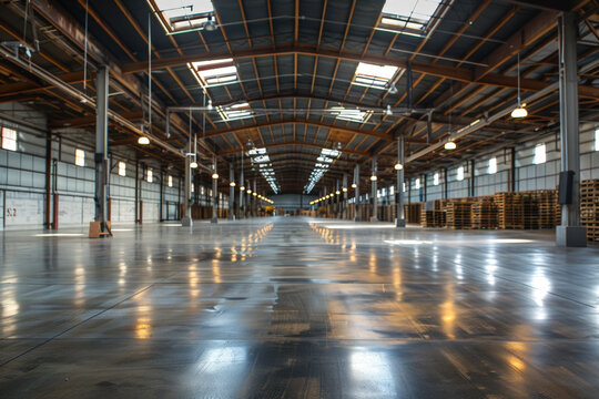 Polished concrete floor reflecting the industrial lights of a large empty warehouse