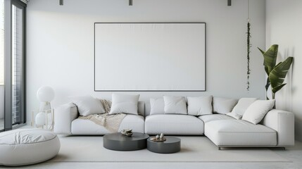 A sleek and modern living room design with a white canvas backdrop, Neatly arranged minimal furniture, Minimalist urban chic style