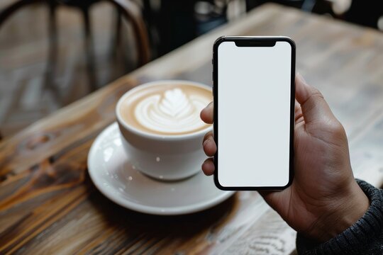 African Hand Holding Smartphone with Blank Screen by Coffee Cup