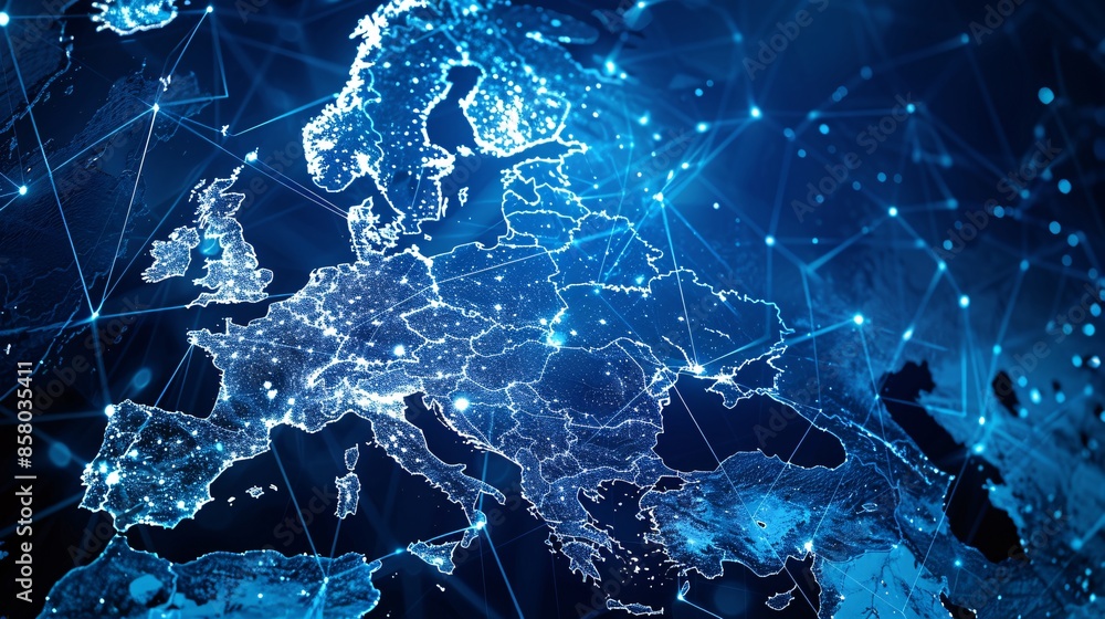 Poster highlights european telecommunication and data transfer networks with global internet connectivity, 