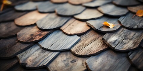 Fototapeta premium Rustic Charm Weathered Cedar Shingles on Countryside Cottage Roof. Concept Architecture, Rustic Charm, Countryside, Weathered Cedar Shingles, Cottage Roof