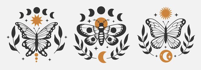 Set of mystical outline butterfly moth with moon. Graphic mystical and magical black print. Decor element © Nastya