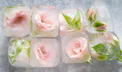 Pink Roses Frozen in Ice Cubes