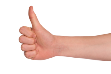 Man hand making thumbs up sign. Gesture isolated on transparent background, png