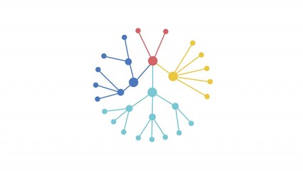 Animated knowledge graph. Data network animation. Moving dots structure. Information organization. Colorful illustration on white background. HD video with alpha channel. Motion graphic