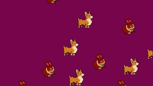 Animated Pixel Art Screensaver Corgi and Rabbit Pass Through vector background art