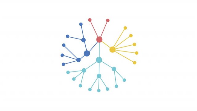 Animated knowledge graph. Data network animation. Moving dots structure. Information organization. Colorful illustration on white background. HD video with alpha channel. Motion graphic