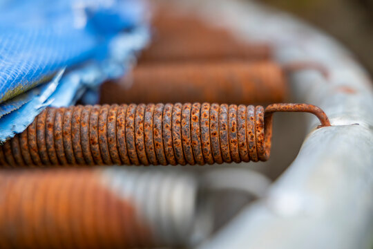 Old rusty trampoline springs unsafe lack of investment, accident injury hazard