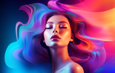 Woman face concept poster. Beautiful girl face creative abstract banner. Graphic design photorealistic style. Style of realistic glamour fashion photography. Digital illustration. AI artwork.	
