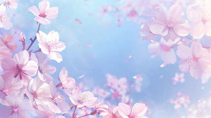 Dreamy cherry blossom branches against a soft blue sky with copy space