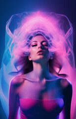 Woman face concept poster. Beautiful girl face creative abstract banner. Graphic design photorealistic style. Style of realistic glamour fashion photography. Digital illustration. AI artwork.	