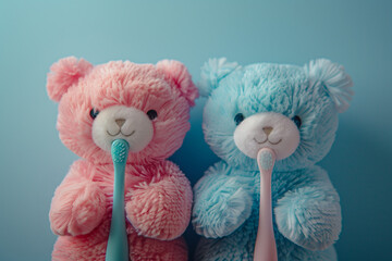 Two cute pastel pink and blue teddy bears smiling as they brush their teeth. Novelty dental hygiene soft toy.