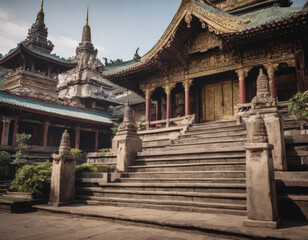 Naklejka premium Un tranquillo monastero buddista immerso nella nebbia mattutina. 