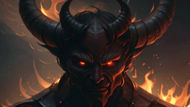 Devil, portrait of the evil face of Lucifer with horns standing in the flames of hell