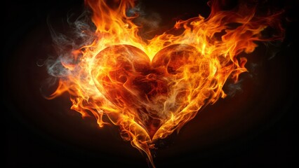 A dramatic, isolated, burning heart aflame on a mysterious, dark, inky black background, symbolizing passionate, fiery, all-consuming love and desire.