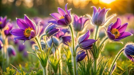 Vibrant purple pasque flowers sway gently in the spring breeze, scattered across a lush green meadow filled with morning dew and warm sunlight.
