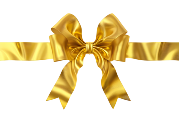 Elegant gold ribbon bow for gift wrapping isolated on transparency background, PNG cut out. Perfect for holiday decorations, special occasions, and festive celebrations. High-resolution image.