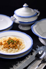 Traditional czech dish, chicken with paprika creamy sauce with pasta - typical for czech or middle europe.