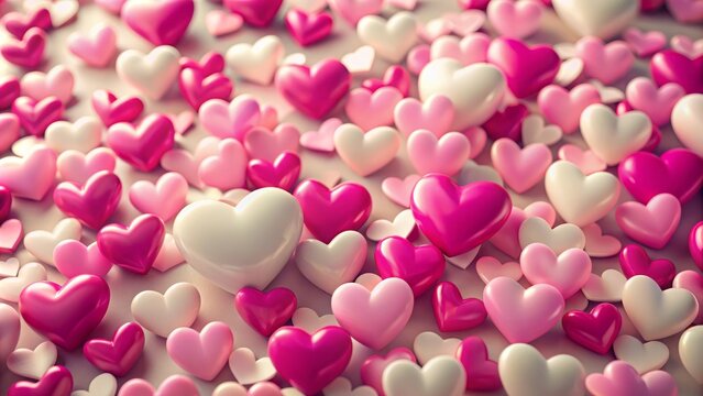 Vibrant pink hearts of varying sizes scattered across a soft focus, creamy white background, perfect for festive valentine's day celebrations and romantic gestures.