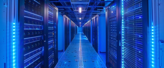 A state-of-the-art server room filled with rows of data racks illuminated by blue LED lights. The advanced infrastructure is designed for optimal data storage and network performance