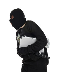 Thief in balaclava with gun and briefcase of money on white background