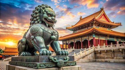 Fototapeta premium Majestic bronze-colored imperial guardian lion statue stands guard in beijing, symbolizing protection and tradition, exuding grandeur, power, and ancient cultural heritage.