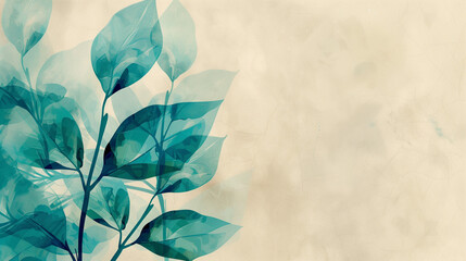 Abstract teal leaves on beige background