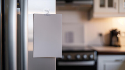 A blank sheet of paper is attached to the refrigerator door.