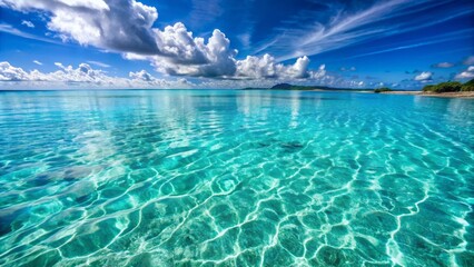 Turquoise blue azure ocean water surface in a crystal clear lagoon bay, with subtle ripples and gentle waves, resembling a serene swimming pool.