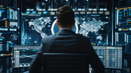 Fototapeta premium A businessman protects a computer network with data protection measures. He is focused on keeping information safe from cyber threats by using a virtual safety shield.