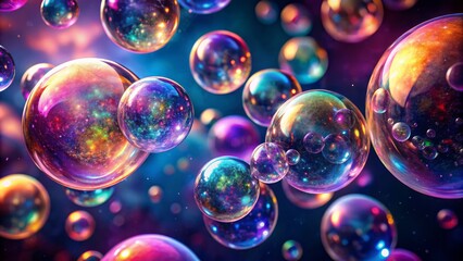 Naklejka premium Vibrant iridescent bubbles suspended in mid-air against a mysterious dark background, reflecting shimmering hues of pink, blue, and purple, evoking a sense of whimsy and magic.