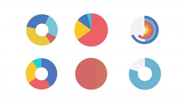Animated pie charts. Circling diagrams animation library. Filling up sectors. Statistical instruments. Colorful illustrations on white background. HD video with alpha channel. Motion graphic