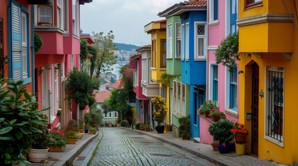 Istanbul Narrow Street with Colorful Buildings. Travel and holiday