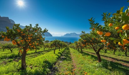 Naklejka premium Orange orchard in green grass, beautiful scenery, green nature