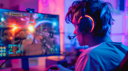 Obraz premium A gamer is engrossed in a first-person shooter video game on his computer. The room's neon lights resemble an arcade's ambiance. They're competing in a virtual tournament.