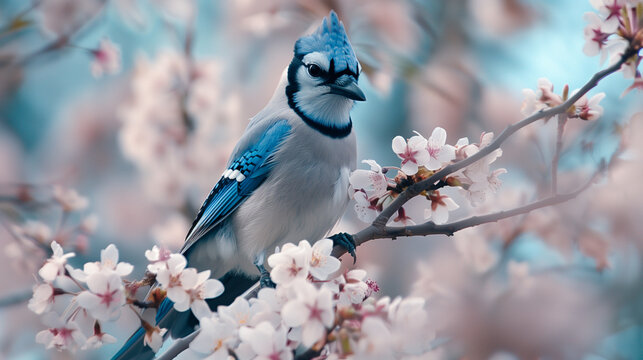 Blue Jay on the Tree (Pink White Flowers). Nature bird photography. Blue bird
