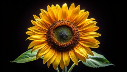 Fototapeta premium Vibrant yellow petals unfolding in stunning 4k time-lapse, a single sunflower head blooms in isolation on a dramatic black background, radiant and mesmerizing.