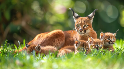 Caracal Female with Kids. Wildcat with kittens. On grass at summer sunny day
