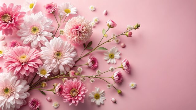Delicate arrangement of daisies, chrysanthemums, and cherry blossoms in soft pink hues on a seamless pastel pink background, ideal for text overlay.