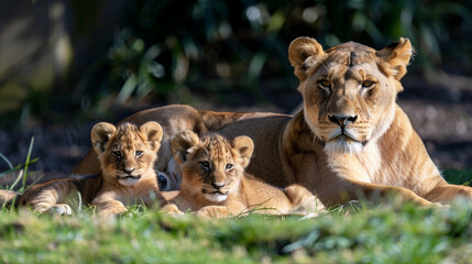Obraz premium Lion Lay on Grass with Kittens (Lioness, Female) 
