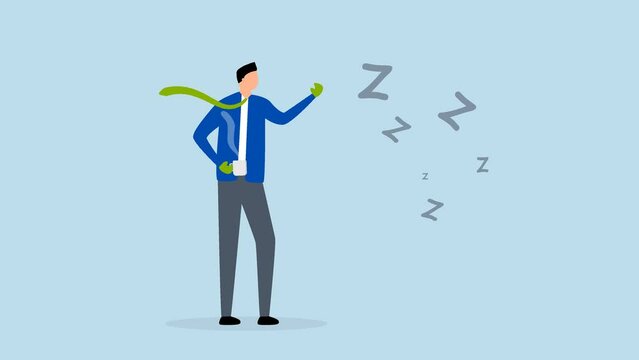 Procrastination and laziness, 4k animation of awake businessman drinking coffee and wearing boxing gloves to fight  lazy sleepy symbol.