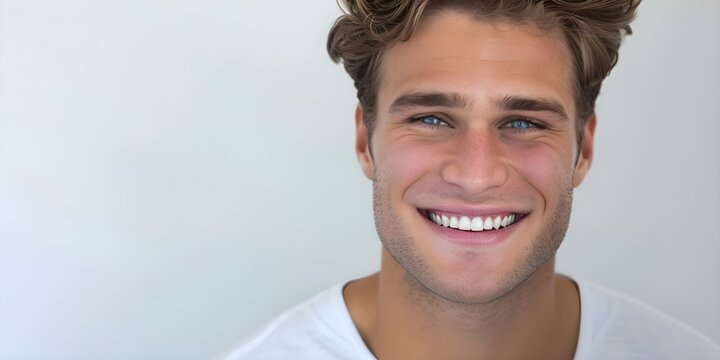 Portrait of a young American male model with flawless smile against white backdrop. Concept Male Portrait, American Model, Flawless Smile, White Backdrop, Young Model